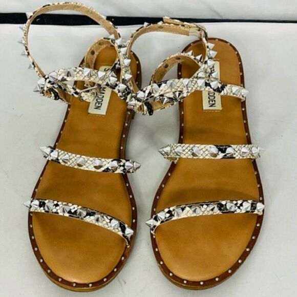 Steve Madden snakeskin Travel Rock Stud Flat Sandals Ankle Strap Size 6.5 Excell - Picture 3 of 7